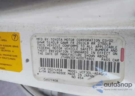 2002 Lexus Ls 430 из США, поврежденный, VIN JTHBN30F420074801